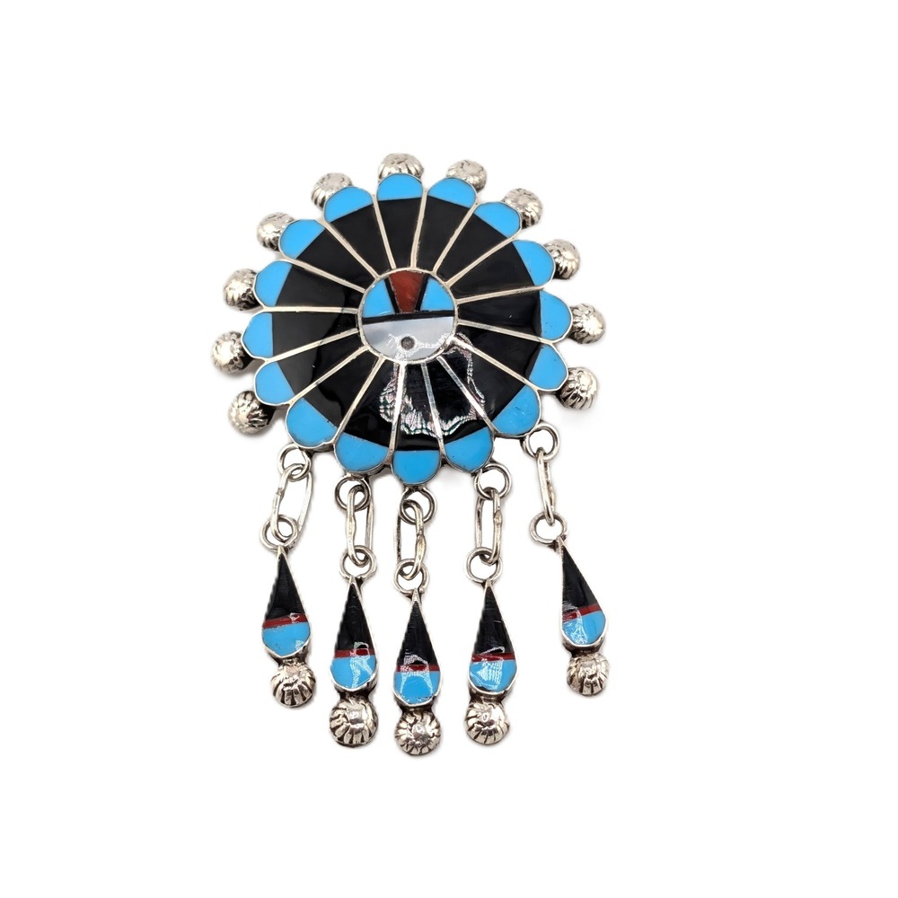 Zuni Sunface Inlay Brooch Pendant Native Am Pin with Dangle Tassels